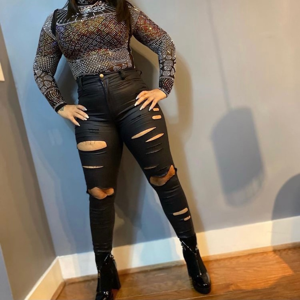 Vibrant Ripped Faux Leather Stretch Jeans